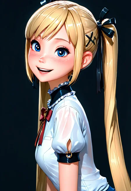 masterpiece, best quality, <lora:MarieRose_NAI:0.8>, zzMarie, blue eyes, blonde hair, hair ornament, hair ribbon, long hair, twintails, very long hair, x hair ornament, (upper body, white shirt), smile, teeth, :D, v, side view, leaning forward, head tilt, (3d:1.2), ,<lora:C3CitronNAI:1.0>,