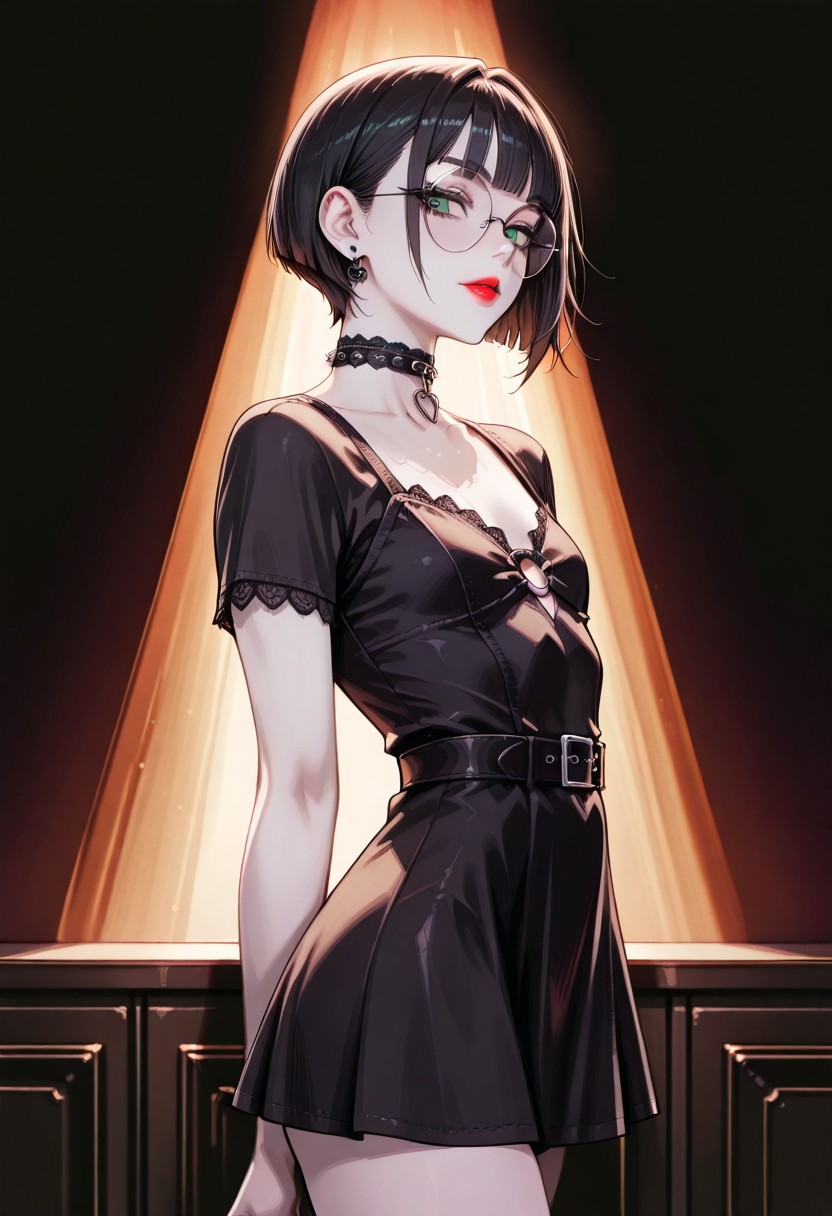 masterpiece, best quality, 32k, high resolution, absurdres, Polly, PollyRH, short hair, bobcut, black hair, bangs, green eyes, small breasts, almost flat chest, slim, pale skin, big round eyeglasses, clear eyeglasses lenses, red lipgloss, eyeliner, goth short dress, edgChoker,  jewelry, earrings, heart, o-ring, clothing cutout, looking at the viewer, indoors, goth attire, dark lighting, dramatic light, side view, parted lips