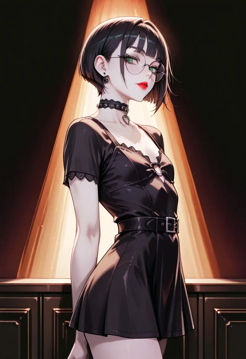 masterpiece, best quality, 32k, high resolution, absurdres, Polly, PollyRH, short hair, bobcut, black hair, bangs, green eyes, small breasts, almost flat chest, slim, pale skin, big round eyeglasses, clear eyeglasses lenses, red lipgloss, eyeliner, goth short dress, edgChoker, jewelry, earrings, heart, o-ring, clothing cutout, looking at the viewer, indoors, goth attire, dark lighting, dramatic light, side view, parted lips