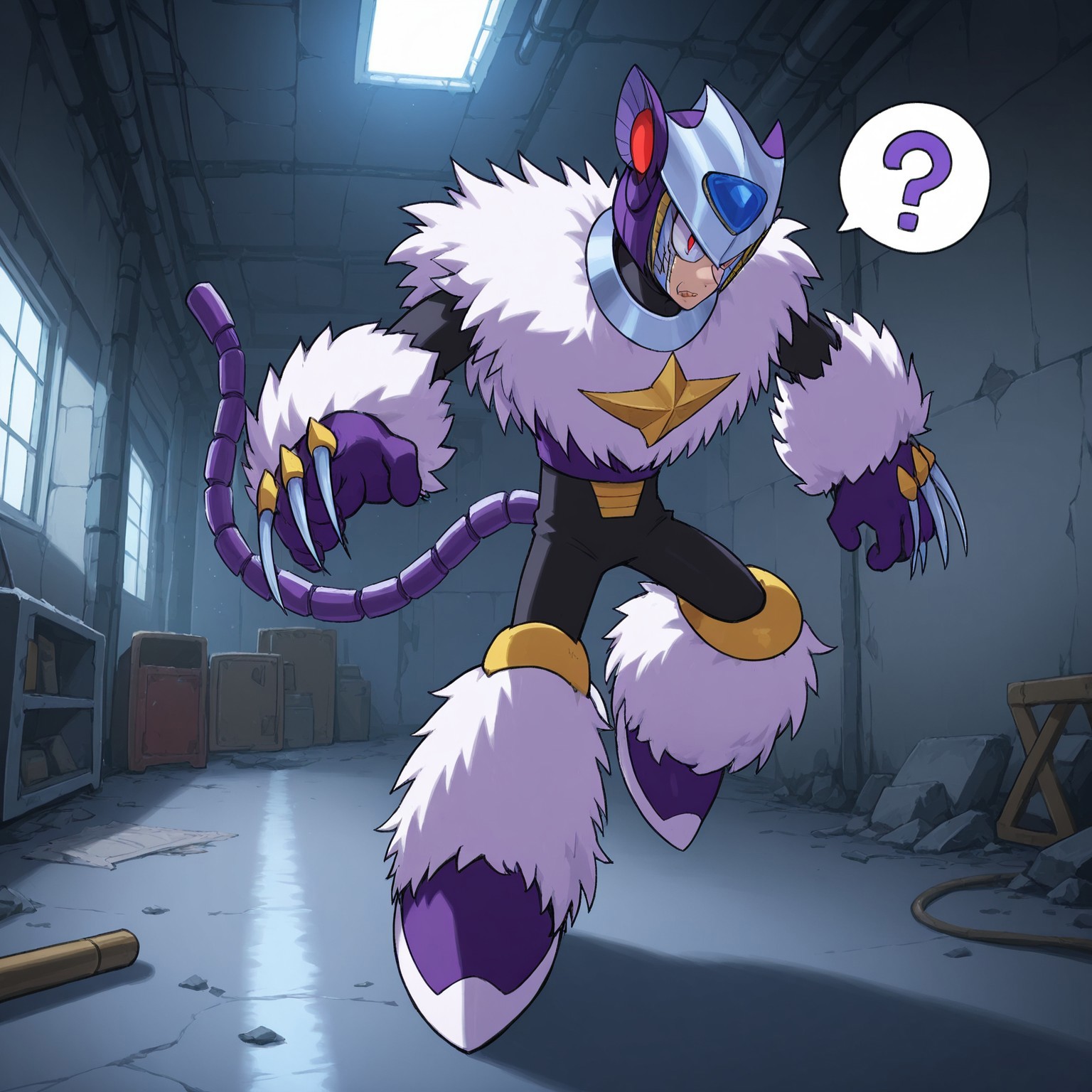 Solo, 2d, 1boy, MMPluto, male, android, humanoid, feline, cat-like ears, red inner ears, mechanical tail, fluffy, white fur pelt, fur trim, white fur, black arms, purple top, black bottoms, white and purple boots, helmet, red eyes, purple gloves, claws, 

BREAK indoors, looking around, abandoned factory, walking, ?, question mark, dark enviorment, dark

BREAK best quality, amazing quality, very aesthetic, absurdres, newest, masterpiece, high quality