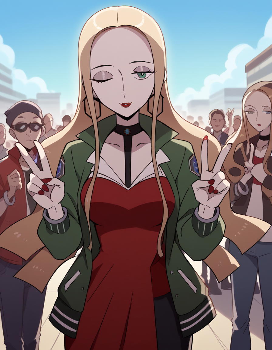 score_9, score_8_up, score_7_up, source_anime, <lora:pokemon-oleana-twilight-wings-ponyxl-lora-nochekaiser:1>, oleana, long hair, blonde hair, green eyes, makeup, half-closed eyes, red lips, forehead,, <lora:letterman-jacket-ponyxl-lora-nochekaiser:1>, letterman jacket, jacket,, outdoors, crowd, people, v, v over eye, one eye closed, tongue out, smile, beanie, pants, open clothes, open jacket, , cowboy shot, dutch angle