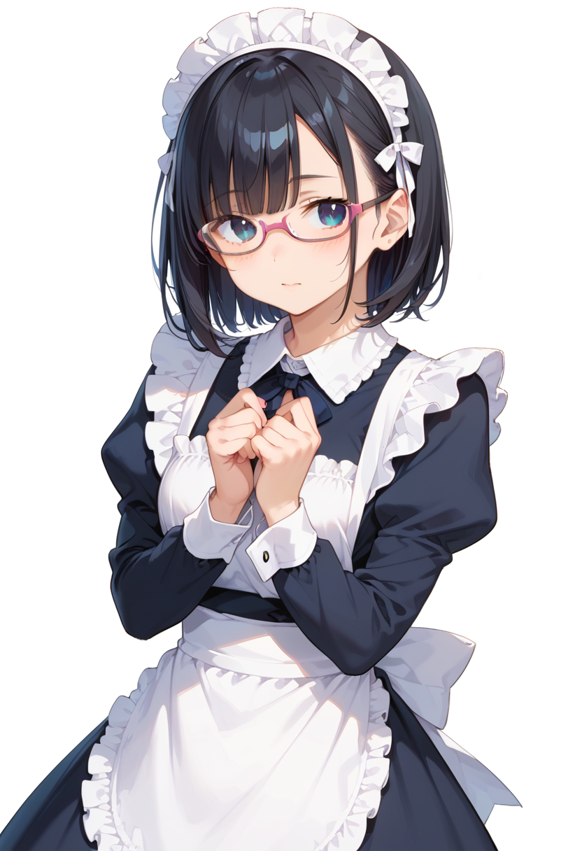 score_9, score_8_up, score_7_up, rating_safe, masterpiece, best quality, absurdres, unity 8k wallpaper, official art, official style, source_anime, uncensored, game cg, megami magazine,
1girl, solo, black hair, medium hair, upper body, covered eyes,maid, maid headdress, black dress, maid apron, face focus,
underrim_cell, glasses, still life, white background, simple background, under-rim eyewear, pink-framed eyewear, 
 <lora:glasses_underRimCell_PONY_V1:1>