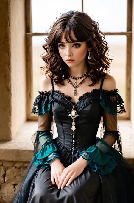 breathtaking an individual seated in a natural, open setting, with mist or fog adding a mysterious ambiance. The person is dressed in an elaborate gothic style gown with multiple layers of lace and ruffles, which suggests a Victorian influence. The dark color palette of the attire is consistent with gothic fashion, emphasizing the somber and romantic themes often associated with the subculture. The individual's hair is styled in a tousled manner, with hints of color that may indicate a rebellious or personal twist to the traditional gothic look. They are adorned with ornate jewelry, including a necklace with a prominent pendant that serves as a focal point against the dark fabric of the dress. The person's pose and distant gaze evoke a contemplative or melancholic mood, which is complemented by the bleak and desolate landscape. The stark contrast between the intricate details of the clothing and the simplicity of the natural surroundings emphasizes the solitude and introspective state of the individual. The overall composition of the image, from the fashion to the setting, creates a narrative that invites the viewer to ponder the story behind the subject's presence in this eerie environment. <lora:Zoe_SDXL_1:0.75> z03c . award-winning, professional, highly detailed