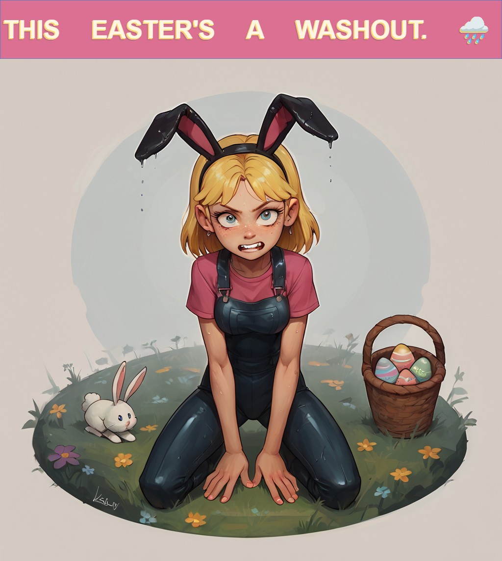 (score_9, score_8_up, score_7_up), dynamic angle, flower meadow, relaxed kneeling, legs slightly spread, colorful Easter basket, satin bunny ears, faux bunny tail, natural environment, morning glow, playful, enchanting eyes, (transparent lace bunny suit), slender fit figure, tight abs, shimmering skin, Lana Loud, Blonde hair, Buck teeth, Blue eyes, Freckles, Overalls, Pink t-shirt, Green rain boots, Wrench, Messy appearance, Missing tooth, Lana Loud