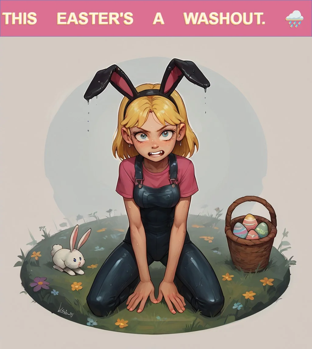 (score_9, score_8_up, score_7_up), dynamic angle, flower meadow, relaxed kneeling, legs slightly spread, colorful Easter basket, satin bunny ears, faux bunny tail, natural environment, morning glow, playful, enchanting eyes, (transparent lace bunny suit), slender fit figure, tight abs, shimmering skin, Lana Loud, Blonde hair, Buck teeth, Blue eyes, Freckles, Overalls, Pink t-shirt, Green rain boots, Wrench, Messy appearance, Missing tooth, Lana Loud