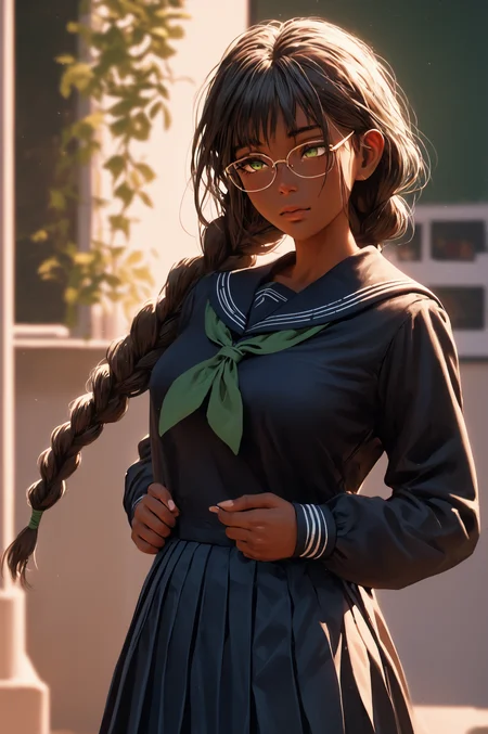 score_9, score_8_up, score_7_up, score_6_up, score_5_up, score_4_up, (high quality, detailed, beautiful) dark_skin, breasts, <lora:BlackSera16_epoch_5:0.75> black_serafuku, skirt, shirt, twin_braids, glasses, green neckerchief, long_sleeves, school_uniform,