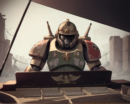 score_9, score_8_up, score_7_up, source_cartoon BREAK 1boy, solo, adeptus astartes, space marine (warhammer 40k), playing_piano_front_view, piano, playing piano, power armor, ruins, background battel, helmet, covered face <lora:Playing_piano_front_view:1>, rating_questionable