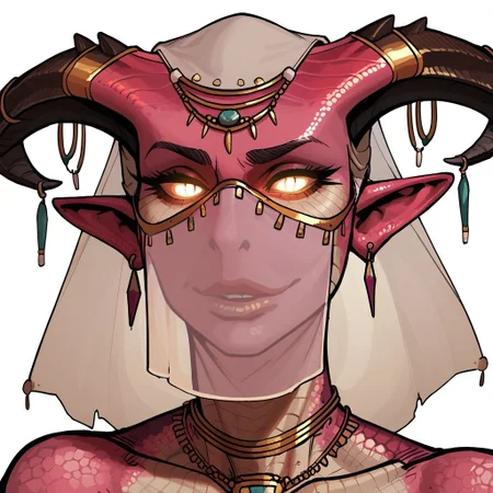 score_9, score_8_up, score_7_up, score_6_up, source_cartoon, black outlines, 1girl, portrait face, (close up:1.5), white background, simple background, cobra, scales, scaly skin, white veil, mouth veil, transparent fabric, tribal jewelry, gold jewelry, horns, piercings, pale skin, pink skin, white glowing eyes, forward pointing horns