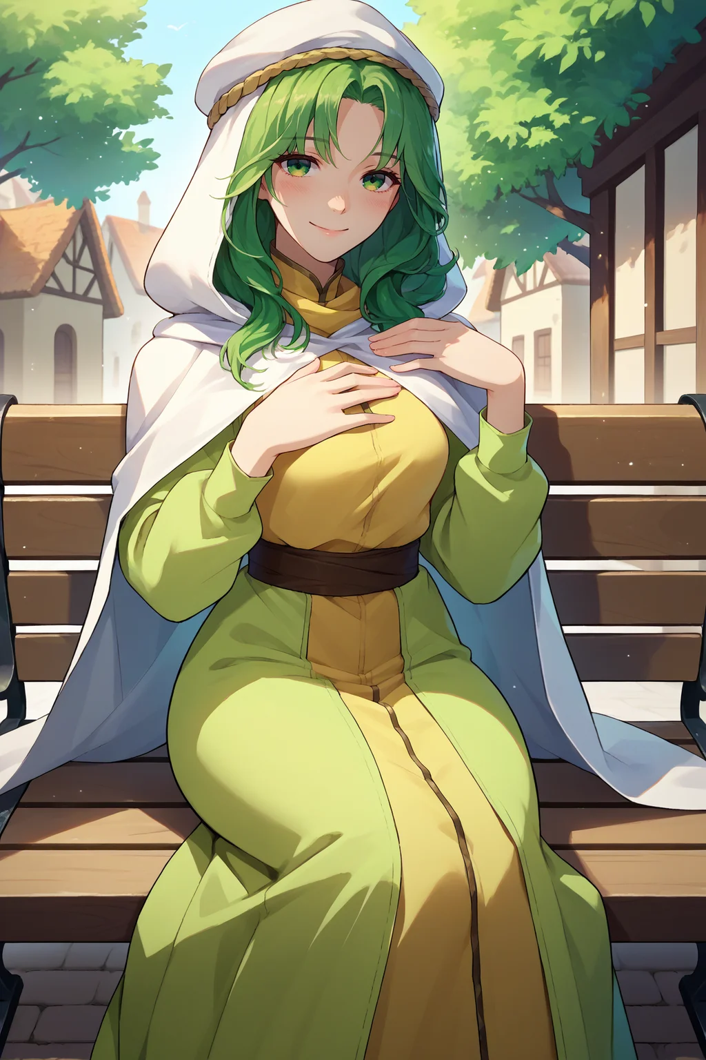 score_9, score_8_up, score_7_up, score_6_up, source_anime, 1girl, solo,<lora:fesafy-pdxl-nvwls-v1-000005:1> safy, green hair, long hair, green eyes, hood, white cloak, green dress, long dress, breasts, sitting, bench, looking at you, hand on own chest, blush, smile, village