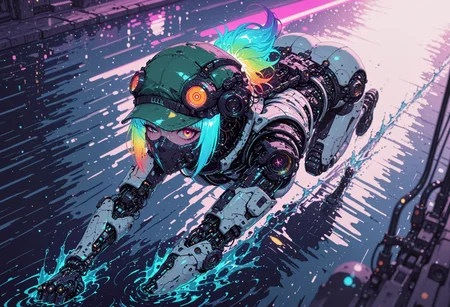 <lora:ck-nc-cyberpunk-IL-000011:0.60>,  masterpiece, best quality, good quality, very aesthetic, absurdres, newest, 8K, depth of field, focused subject, dynamic angle, side view, from above, action shot, wabi sabi android woman, rainbow hair, glowing hair, cute simplistic green frog hat that reads "Lilly" on the brim, white ceramic armor, close up face, detailed eyes,  looking at viewer, clean visible face, clean white rectangular ceramic material and mechanical parts, their face mask is open, one eye has mechanical enhancements, servos, wires, exposed circuits, skin, lillypads, action scene, running across water, bioluminescent lillypads,, Sci-fi anime movie (style by George Shaw),shallow depth of field, vignette, (Fujicolor Superia X-TRA 400) , (bioluminecent glow:0.8),
in the style of cknc,
<lora:MoriiMee_Gothic_Niji_Style_Illustrious_r1:0.5>
<lora:ck-neon-retrowave-IL:0.85>
<lora:ck-shadow-circuit-IL:0.35>