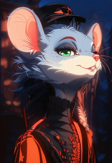 score_9, score_8_up, score_7_up, score_6_up, [][][][][] (((mouse))), (feral), furry, female, solo, (fluffy:0.8), (fluffy cheeks:0.4), cute, [][][][][] (frilly shirt, suspenders, black flat cap), grey fur, grey ears, green eyes, [][][][][] flat color, in the style of Beatrix Potter, [][][][][] cel-shading, backlit, (cool color pallet), (head and shoulder portrait, head focus, close up:1.6), (side view), look at viewer, detailed fur, [][][][][] outdoors, standing, night sky, smile, village,, GLSHS, HRMN