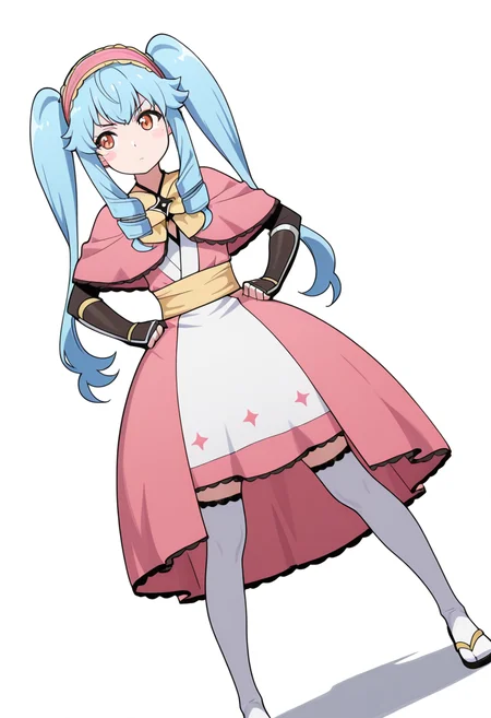 masterpiece,high quality details, absurdres,
standing, hands on hips, feet apart, determined, looking forward, ,
<lora:Michiru_Kusagakure:0.8>
michiru_cnr, 1girl, blue hair, long hair, twintails, drill hair, sidelocks, orange eyes, blush stickers,
long dress, pink capelet,fingerless gloves, elbow gloves, white thighhighs, hairband, yellow bow,yelow armlet, ninja,, :i,, simple background, white background, dutch angle,solo,
