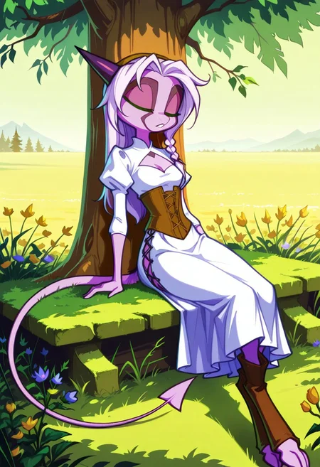Dreamkeepers,1girl,Prelude_Namah,solo,demon tail, green eyes, horns,
long hair, braided sidelock, hair down, arge pupil, small breasts,
brown hairband, white dress, medium dress, cleavage cutout, three-quarter sleeves, puffy sleeves, side slit, cross-laced slit, brown corset, brown boots, outside,
sitting, sleeping, leaning back, against tree, closed eyes, parted lips,
outside, tree, flowers, moss,
medieval, fantasy,
masterpiece, newest, absurdres, high detail RAW color art, high contrast,