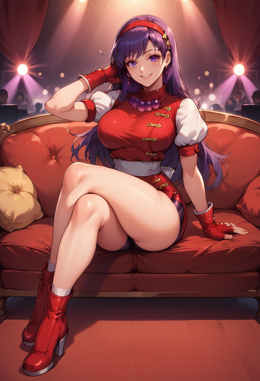 score_9, score_8_up, score_7_up,  source_anime,  BREAK  <lora:AthenaKOF98:0.9>, Athnea98, purple hair, long hair, red hairband, beads, red vest, white puffy sleeves, biker shorts, fingerless gloves, 1 girl, solo, sitting, stage lights, crossed legs, breasts, smile, red shoes, thighs, looking at viewer, couch, smile,