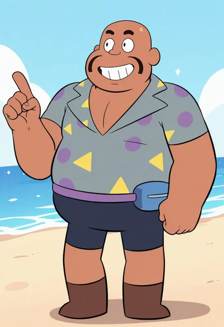 HaroldSmiley, 1boy, male focus, fat, black mustache, black eyes, bald, dark skin, gray-blue shirt, grin, brown boots, fanny pack, shorts, standing, in beach city, dynamic angle,
