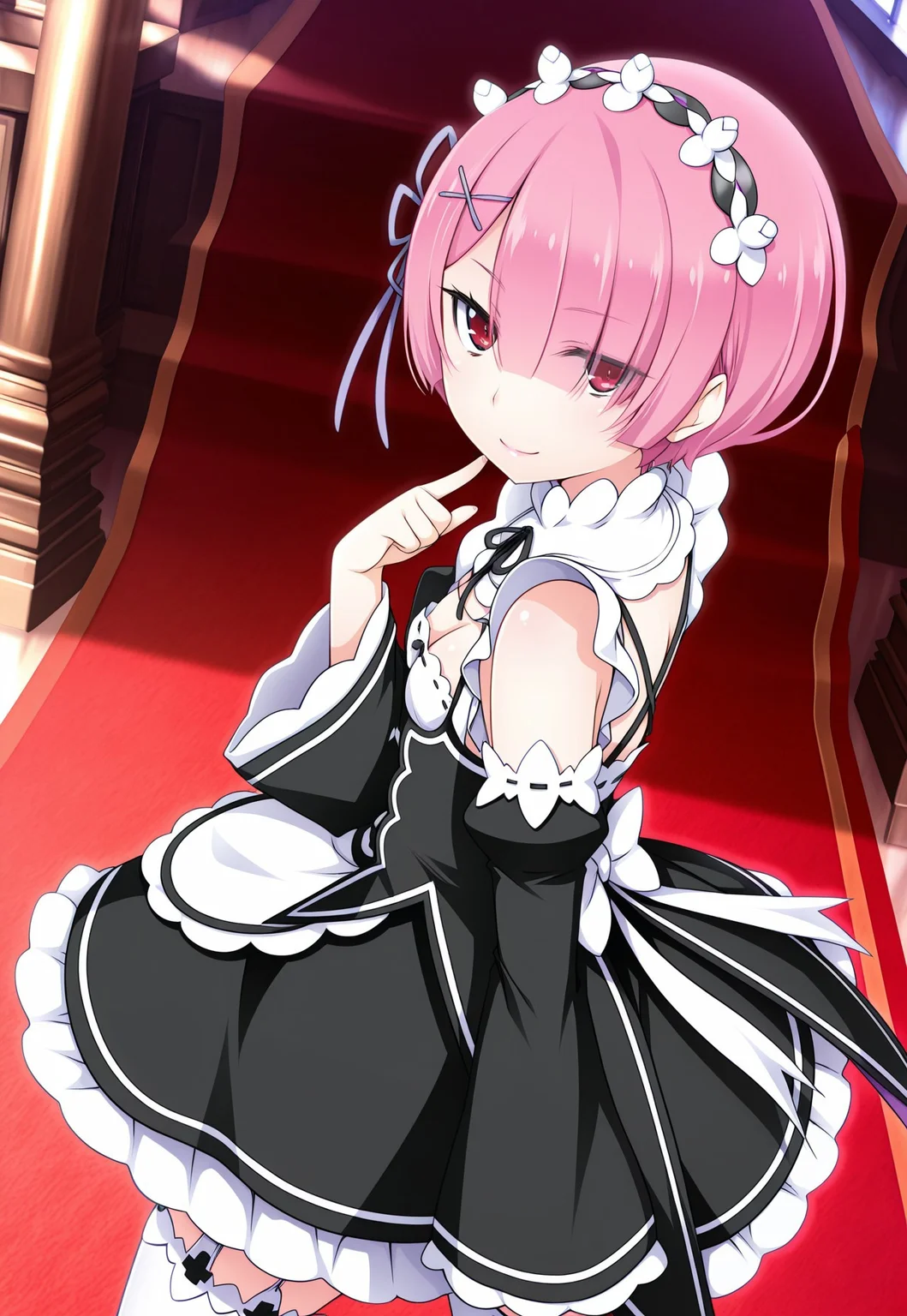 masterpiece,best quality,amazing quality, 1girl,L_Cation2,milf,female,petite,mature female,18 year old,ram,r4m,\(Re:Zero©\),show accurate proportions,"asymmetrical hair,light pink hair,short hair,dyed hair,floating hair,(hair over one eye),bangs,blunt bangs","x hair ornament,flower hairband,light purple ribbon,ribbon trim,hair ribbon,maid hairband","maid,two-tone dress,roswaal mansion maid uniform,maid headdress,frilled dress,black neck ribbon,cleavage,juliet sleeves,puffy detached sleeves,wide sleeves,white apron,white thighhighs,garter straps,waist apron,frilled apron",glossy skin,shiny skin,long eyelashes,thick eyelashes,emotions,soul,alive,lifeful,light smile,"ultra-detailed-eyes,half-closed eyes,seductive eyes,perfect eyes,(red eyes:1.5),darkish red eyes,slanted eyes",very small breasts,upper_body,looking_at_viewer,standing,smile,finger to own chin,looking_back,from behind,from_back,dynamic_angle,cinematic_angle,dutch angle