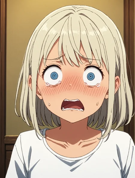 masterpiece, best quality,
anime screencap,
<lora:embarrassedexposure.sdxl.v1:0.8>
1girl,solo,
shockedface,embarrassed, constricted pupils, wide-eyed,
portrait,
standing,
facing viewer,
white shirt,