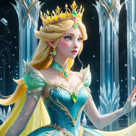 yellow hair, hyper detailed masterpiece, dynamic, ice Princess, Princess peach, slender, golden crown, small chest, gorgeous dress, grand ballroom, awesome quality,DonM3lv3sXL, ice citrine, ice castle,