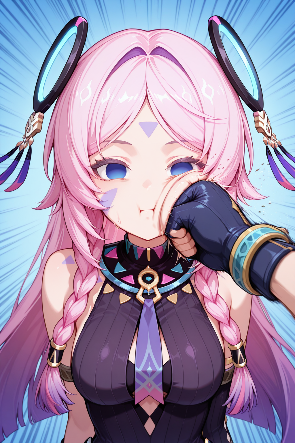 looking at viewer,facing viewer, front viewer, <lora:Face_Punch__Punch_In_The_Face_PonyILSDSDXLFlux:1> f4ce-punch, face punch, punching, emphasis lines, punched, in the face, <lora:citlali_IL_loraplus_clipl_v1:1> citlali \(genshin impact\), pink hair, long hair, empty eyes, facial mark, breasts, braid, forehead mark, pink pupils, very long hair, hair ornament, floating hair ornament, twin braids, medium breast, breasts,digital illustration,1girl, masterpiece, best quality,highres,