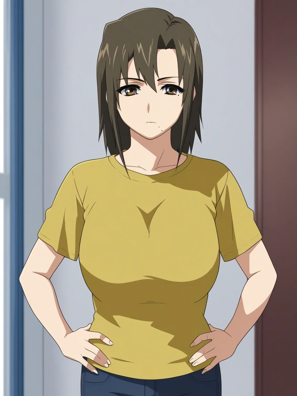 score_9,<lora:sayuri-000007:1>, sayuri,1girl,solo,brown hair,brown eyes,mole under mouth,large breasts,t-shirt,pants,hands on own hips,upper body,closed mouth,looking at viewer,indoors