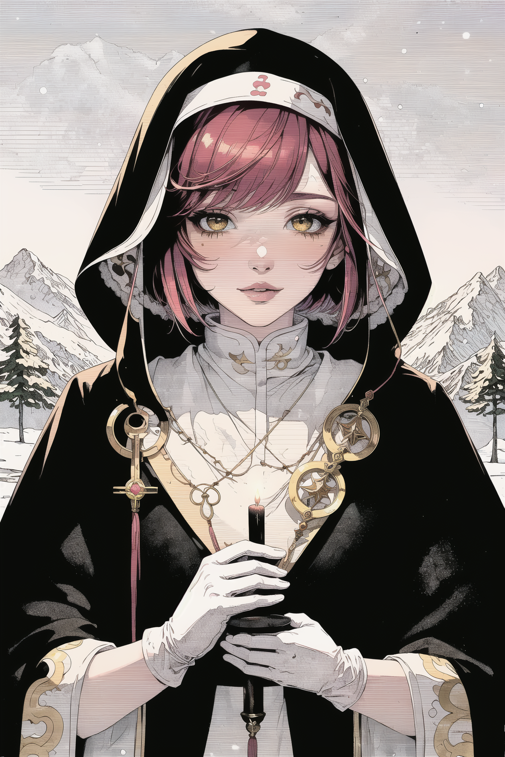 (masterpiece:1), (best quality:1),1girl, (priestess), (holding a candle:1.0), deep
golden eyes, peaceful, (portrait), (snowy mountains and forest background:1.2), (white gloves), hood, night time, fur cloth, nun, (from side:0.7), (red hair), bobcut hair, (bright colors:1.2), detailed face, (pink lips:1.1), circle background