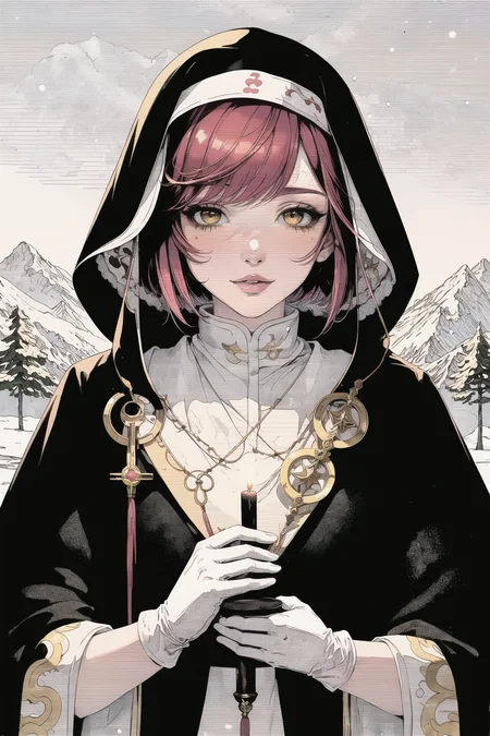 (masterpiece:1), (best quality:1),1girl, (priestess), (holding a candle:1.0), deep
golden eyes, peaceful, (portrait), (snowy mountains and forest background:1.2), (white gloves), hood, night time, fur cloth, nun, (from side:0.7), (red hair), bobcut hair, (bright colors:1.2), detailed face, (pink lips:1.1), circle background