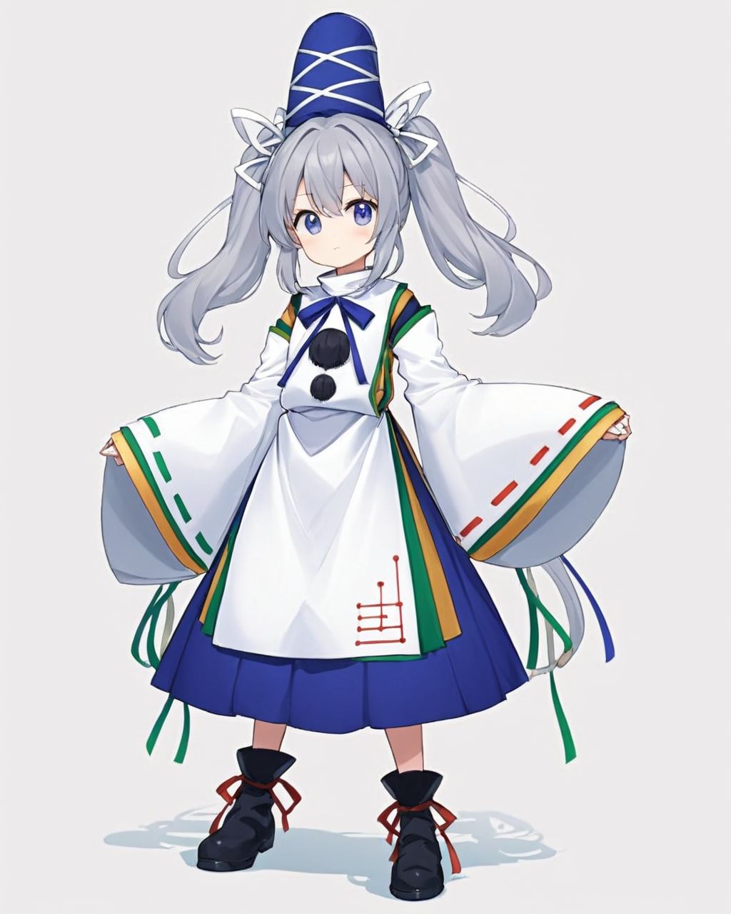 mononobe no futo,1girl, solo, kariginu, pom_pom_\(clothes\), wide_sleeves, ribbon-trimmed_sleeves, green_ribbon, white_background, full_body, simple_background, tate_eboshi, looking_at_viewer, long_sleeves, black_footwear, red_ribbon, sleeves_past_wrists, white_ribbon, boots, twintails, standing, ponytail, alternate_hairstyle, blue_headwear, hair_ribbon, blue_skirt, neck_ribbon, hand_up
<lora:mononobe_no_futo_image4909_2023-12-20-000007:1>,star-shaped_pupils,symbol-shaped_pupils,. gorgeous,key visual, vibrant, studio anime,award-winning, professional, highly detailed,high budget, cinemascope