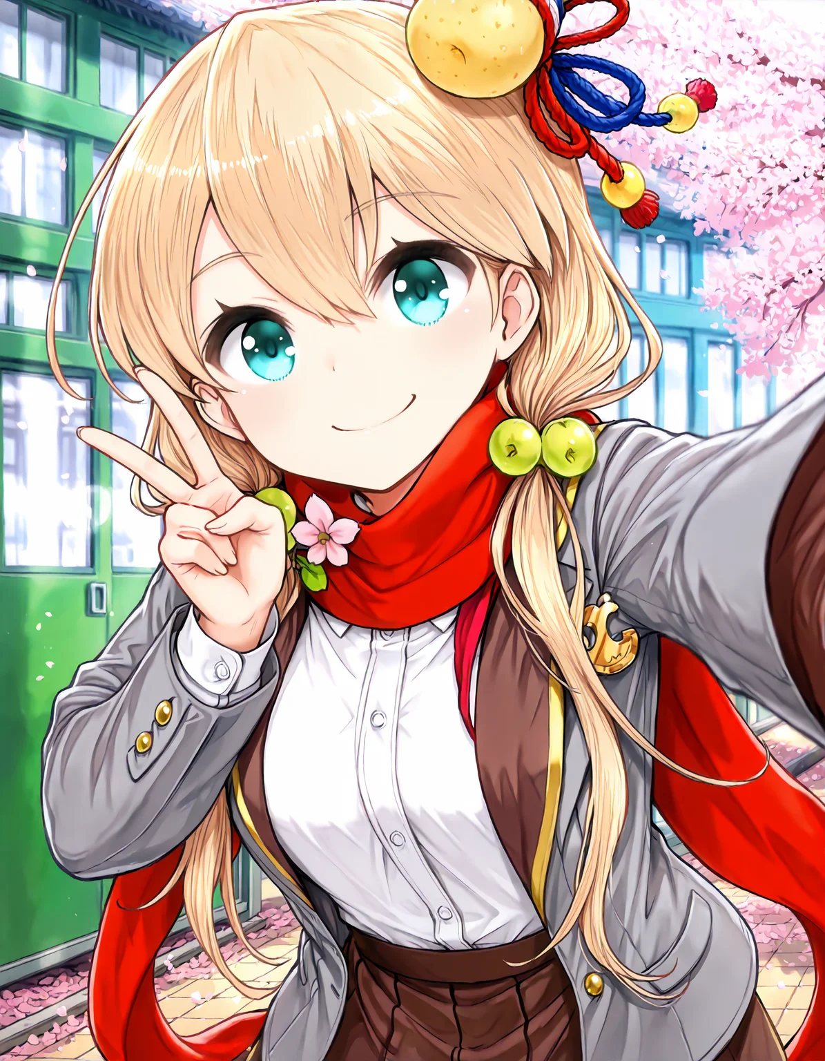 masterpiece, best quality, amazing quality, 1girl, <lora:fran_il:1>, fran \(shironeko project\), blonde hair, long hair, hair ornament, aqua eyes, hair between eyes, low twintails, scarf, school uniform, gray jacket, white shirt, brown skirt, looking at viewer, smile, selfie, v, cherry blossom