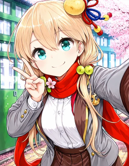 masterpiece, best quality, amazing quality, 1girl, <lora:fran_il:1>, fran \(shironeko project\), blonde hair, long hair, hair ornament, aqua eyes, hair between eyes, low twintails, scarf, school uniform, gray jacket, white shirt, brown skirt, looking at viewer, smile, selfie, v, cherry blossom