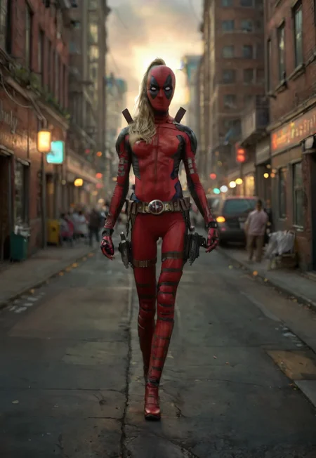 1girl, ((tall skinny model)), 25 years old,    LadyDeadpool, bodysuit, belt, guns, swords, small A cup breasts, skinny toned body, blonde hair, long hair, best quality, ultra-HD, volumetric lighting, HDR, natural lighting, 
(((Walking forwards, thigh gap))), focus on girl, (((close up from thighs to head))), on a street in New York 