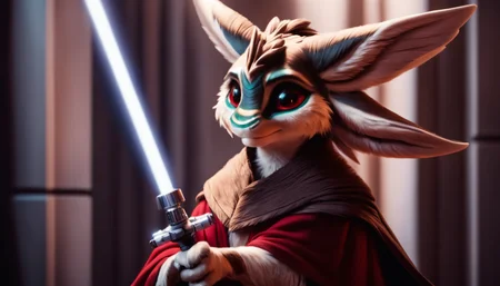 cinematic film still portrait of a male avali jedi in a brown cloak and holding a lightsaber, red eyes, black feathers with white countershading and red borders, white fur, feathered arms, tail tuft, hands, claws, talons <lora:Avali-XL-1.0-000024:1> . shallow depth of field, vignette, highly detailed, high budget Hollywood movie, bokeh, cinemascope, moody, epic, gorgeous, film grain, grainy