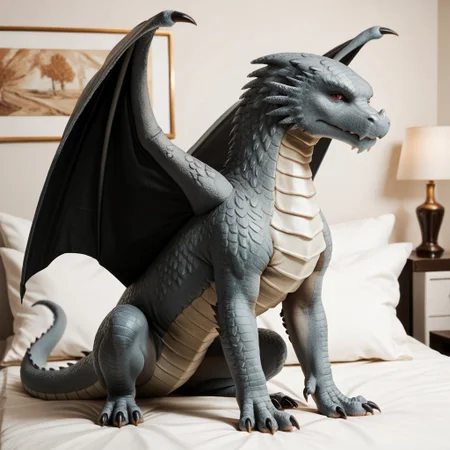 score_9, score_8_up, score_7_up, score_6_up, score_5_up, score_4_up, masterpiece, high quality, realistic, detailed, best quality, solo, rating_safe, source_furry, bedroom, standing, grumpy, angry, looking at viewer, detailed eyes, feral, maverick_awsw, dragon, gray scales, tail, scales, claw, red eyes, 1boy, male, full body, wings