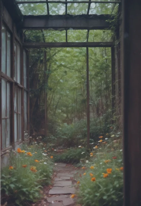 (masterpiece, 4k, medium format photo, bokeh, natural film grain) In the heart of the desolate metropolis, where towering structures of rusted steel and shattered glass stood as monuments to a forgotten era, a shipping container modernist house, beautiful interior nestled in the woods, The air was thick with life and awe, verdant nature, yet within the cottage, the hearth crackled with warmth, casting flickering shadows on the walls. The garden, a riot of wildflowers and vines enchant viewers, swirly bokeh
