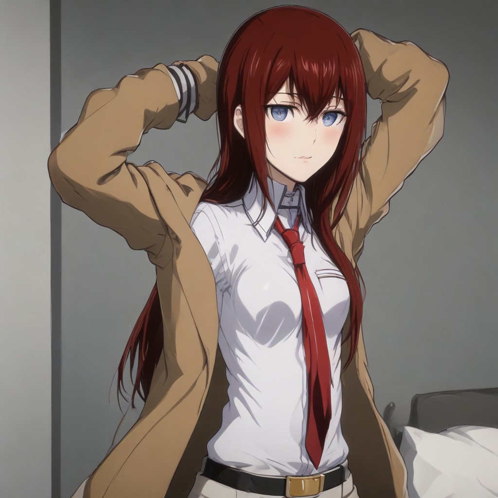 A naughty image of Makise Kurisu standing one arm up showing her navel and sexy body , Anime style , jacket , arm up, navel, blush, red necktie, belt, White shirt, Large boobs, , Shorts, looking at viewer,