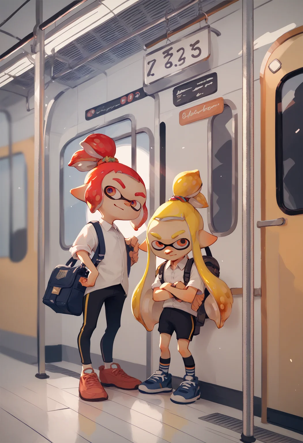 score_9, score_8_up, score_7_up, score_6_up, score_5_up, score_4_up, inkling commuting on subway, messenger bag <lora:SplatoonXLLocon:1>