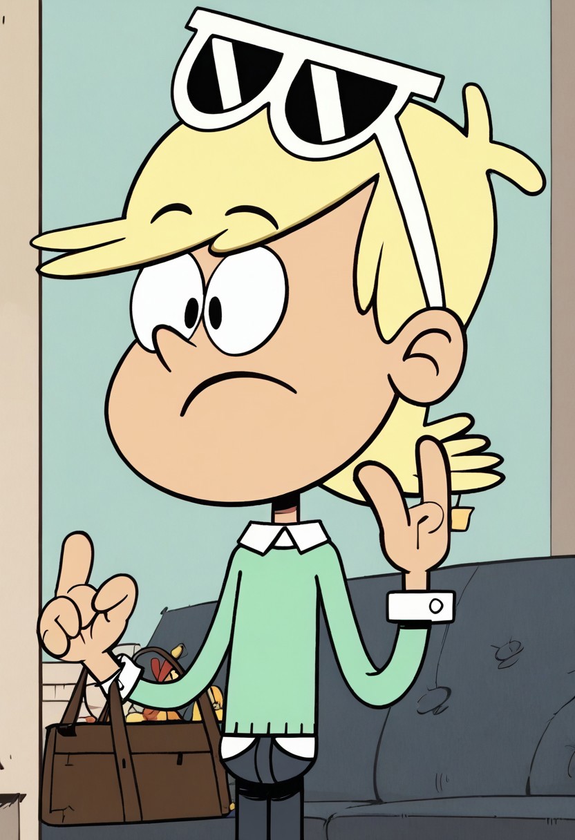 (score_9 | score_8_up | score_7_up) ((masterpiece:1))(best quality,very high quality,ultra detailed:1.2) (2D,cartoon style,anime style)(Smooth:2)(clean blurring) (four fingers on each hand,one thumb on each hand:1), Loni loud, solo, 1boy, Blonde hair, short Blonde hair, light Green silk sweater with a white long-sleeved shirt underneath, dark blue jeans, sunglasses, light Green socks with white spots, Brown dress shoes