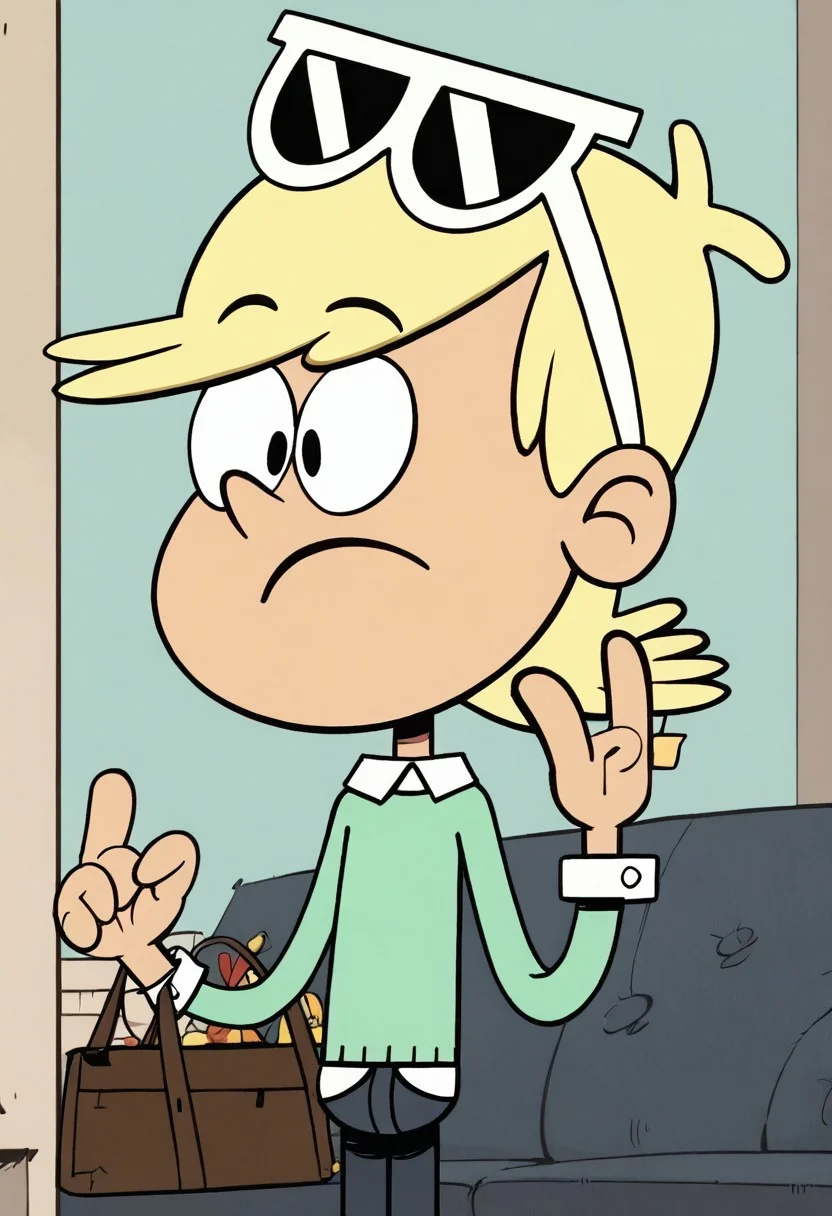 (score_9 | score_8_up | score_7_up) ((masterpiece:1))(best quality,very high quality,ultra detailed:1.2) (2D,cartoon style,anime style)(Smooth:2)(clean blurring) (four fingers on each hand,one thumb on each hand:1), Loni loud, solo, 1boy, Blonde hair, short Blonde hair, light Green silk sweater with a white long-sleeved shirt underneath, dark blue jeans, sunglasses, light Green socks with white spots, Brown dress shoes