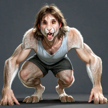.1man,25 years old,(brown hair,long hair,wavy hair,layered hair),handsome,(transformation,species transformation:0.8) into (rabbit),feral transformation,confused,realistic,full body shot,body horror,((rabbit paws)),looking down at hands,buck teeth, rabbit teeth,((rabbit ears)),lengthening ears,furry ears,long rabbit ears,man morphing into rabbit, embarrassed,(realistic fur, rabbit fur, fluffy fur,brown fur,detailed fur texture),(human eyes),rabbit pupils,human head,,rabbit legs,digitigrade,on all fours,rabbit muzzle,animalistic proportions,