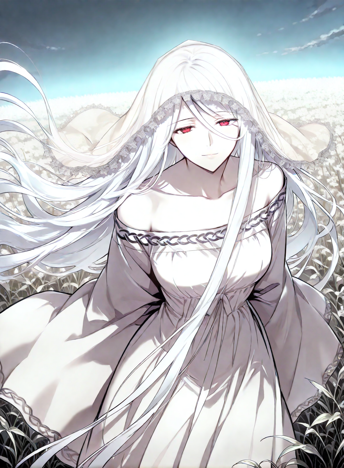 <lora:Yuridika__Doom_Breaker__Illustrious:1>
1 girl, red eyes, pale skin, hair between eyes, white hair, very long hair, bangs
white dress, veil, collarbone, wide sleeves, long sleeves, bare shoulders,
score_9, score_8_up, score_7_up, very aesthetic, source_anime, detailed, high quality, beautiful, masterpiece, detailed eyes, field, blurry background, pose dynamic angle, upper body, cowboy shot, light smile, floating hair, half-closed eyes, hands behind back, leaning forward, looking forward, looking at viewer, <lora:iLLMythG0thicL1nes:1>