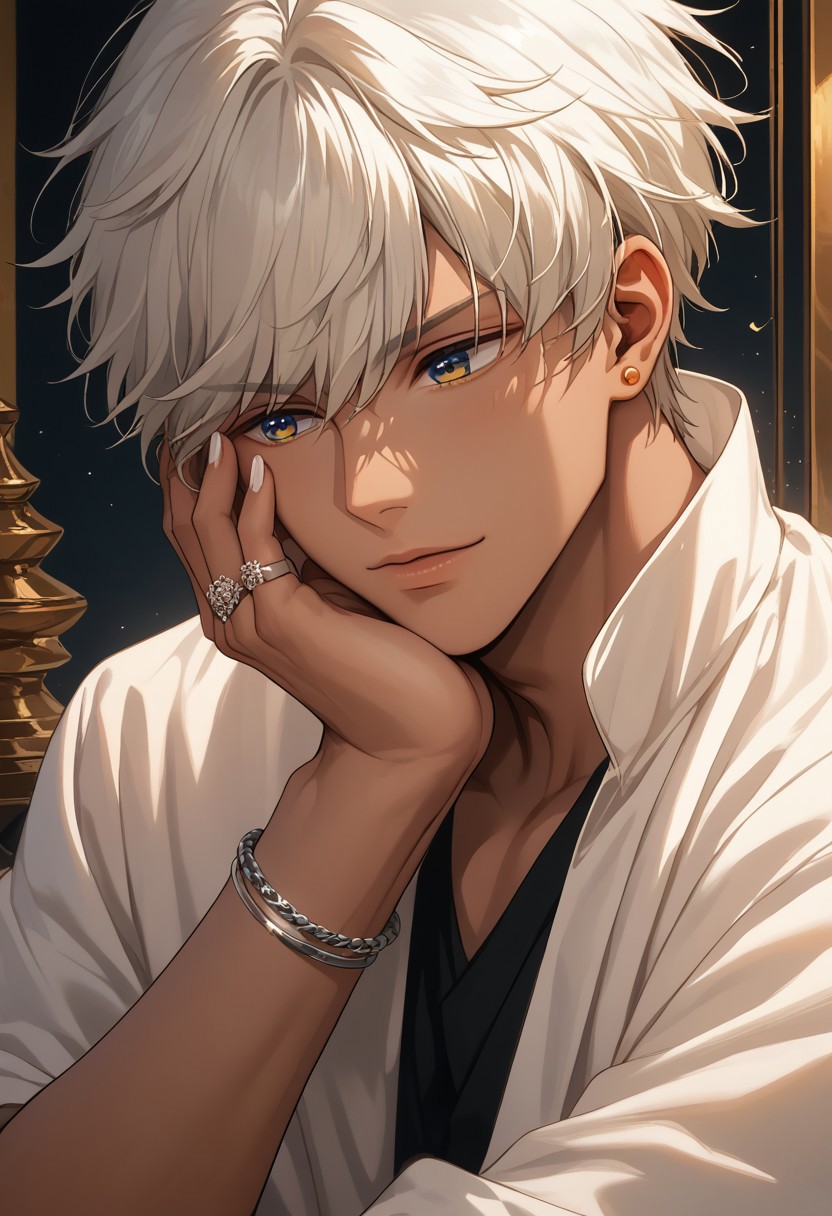 score_9, score_8_up, score_7_up, source_anime, rating_safe, Mamobey, 1boy, male focus, white fingernails, gold earrings, grey ring, hands with five fingers, touching own face,