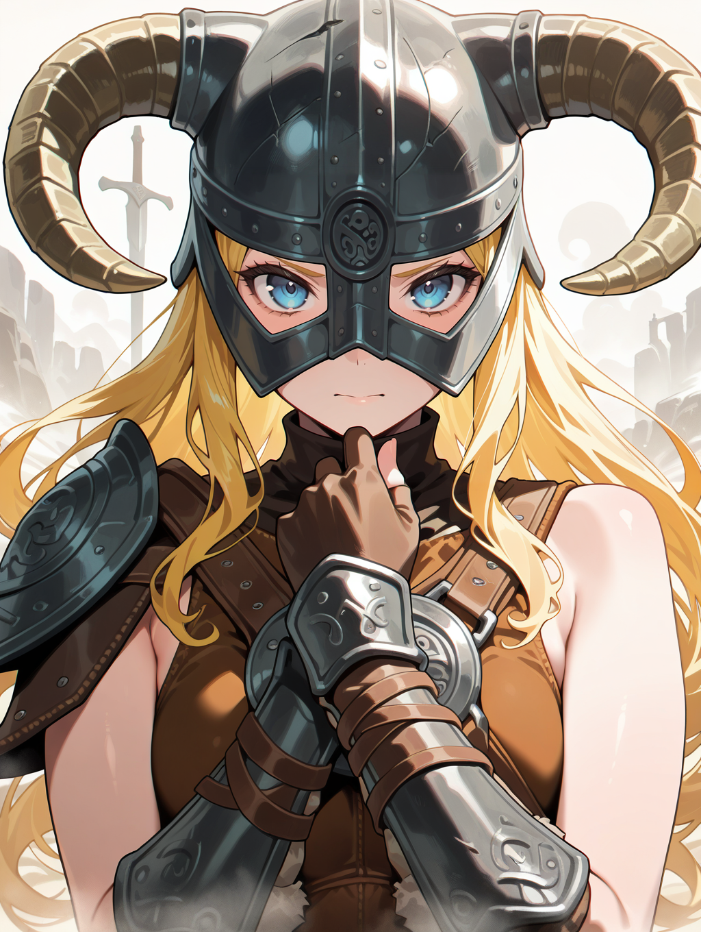 dovahkiin armor,solo,blue eyes,blonde hair,1girl,long hair,looking at viewer,horned helmet,upper body,brown gauntlets,
masterpiece,best quality,amazing quality,very aesthetic,absurdres,newest,<lora:Dovahkiin illuXL v1:0.78>,