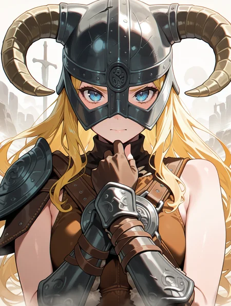 dovahkiin armor,solo,blue eyes,blonde hair,1girl,long hair,looking at viewer,horned helmet,upper body,brown gauntlets,
masterpiece,best quality,amazing quality,very aesthetic,absurdres,newest,<lora:Dovahkiin illuXL v1:0.78>,
