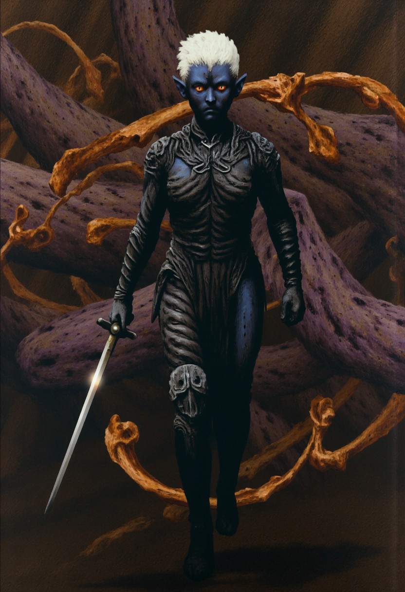 b3rs3rk macro lens d4concept pov, 3D01S, simple background d4artstyle atmospheric and powerful MikeFranchinastyle dark fantasy, natural organic and first person pov of a berserk style creature in the Tsutomu Nihei style
Dark elf warrior, ebony skin with a slight metallic sheen, contrasting shock-white hair ranging from short and tousled to long and flowing. Sharp, angular facial features with high cheekbones and pointed ears. Piercing eyes that glow with inner light, colors varying from amber to pale lavender. Athletic, lithe body clad in intricate, form-fitting armor made of overlapping weaved plates and scales in deep dark purples, blacks, and gunmetal grays. PaperStyle Armor design includes ornamental  bladed edges, suggesting both protection and offensive capabilities. Wielding an assortment of weapons including curved swords, throwing stars, and magical whips made of crackling energy. Poses range from dramatic action stances to regal portraits, conveying both lethal grace and commanding presence. Background alternates between shadowy caverns, fiery underworld landscapes, and medieval fantasy cityscapes bathed in golden light. Art style spans from highly detailed digital paintings to stylized fantasy illustrations, with emphasis on dramatic lighting and shadow play to accentuate the character's mysterious and dangerous aura
UHD letterboxed game trailer frame chromatic aberration dark atmosphere sharp masterpiece with a focus on the character, elden ring, dark atmosphere