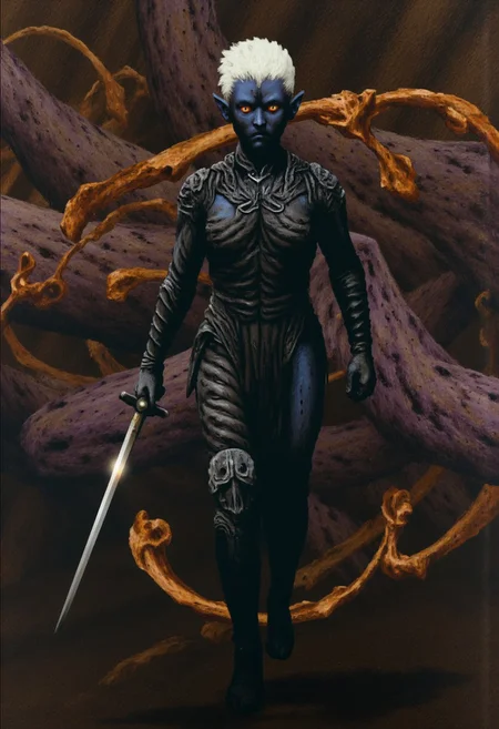 b3rs3rk macro lens d4concept pov, 3D01S, simple background d4artstyle atmospheric and powerful MikeFranchinastyle dark fantasy, natural organic and first person pov of a berserk style creature in the Tsutomu Nihei style
Dark elf warrior, ebony skin with a slight metallic sheen, contrasting shock-white hair ranging from short and tousled to long and flowing. Sharp, angular facial features with high cheekbones and pointed ears. Piercing eyes that glow with inner light, colors varying from amber to pale lavender. Athletic, lithe body clad in intricate, form-fitting armor made of overlapping weaved plates and scales in deep dark purples, blacks, and gunmetal grays. PaperStyle Armor design includes ornamental bladed edges, suggesting both protection and offensive capabilities. Wielding an assortment of weapons including curved swords, throwing stars, and magical whips made of crackling energy. Poses range from dramatic action stances to regal portraits, conveying both lethal grace and commanding presence. Background alternates between shadowy caverns, fiery underworld landscapes, and medieval fantasy cityscapes bathed in golden light. Art style spans from highly detailed digital paintings to stylized fantasy illustrations, with emphasis on dramatic lighting and shadow play to accentuate the character's mysterious and dangerous aura
UHD letterboxed game trailer frame chromatic aberration dark atmosphere sharp masterpiece with a focus on the character, elden ring, dark atmosphere