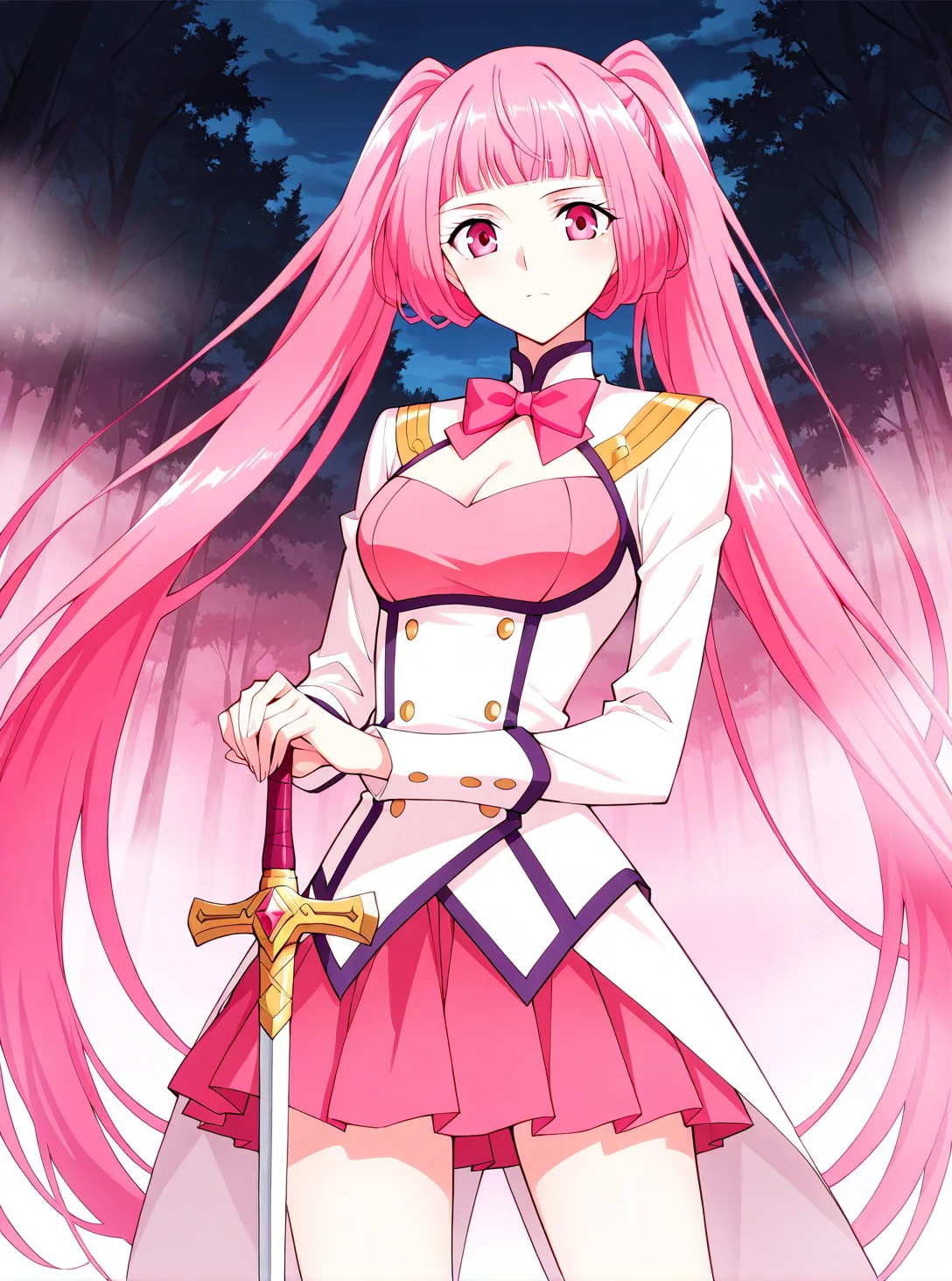 <lora:Nalan_Yanran:1>
1 girl, solo, pink hair, pink eyes, very long hair, twintails, bangs, blunt bangs, ponytail
white dress, cleavage, pink miniskirt, cleavage cutout, pink bow, pink bowtie, pleated skirt, high heels, clothing cutout, long sleeves, sailor collar, pink clothes chest
score_9, score_8_up, score_7_up, very aesthetic, source_anime, detailed, high quality, beautiful, masterpiece, detailed eyes, hands on hilt, looking at viewer, cowboy shot, legs apart, outdoors, night, pink theme, fog, forest