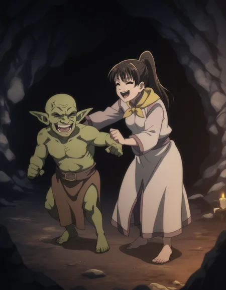 score_9, score_8_up, score_7_up, <lora:fighter-gs-ponyxl-000015:1> gsfghtr, multicolored robe, neckerchief,
1girl, 1boy, laughing, closed eyes, (goblin:0.8), cave, dim lighting