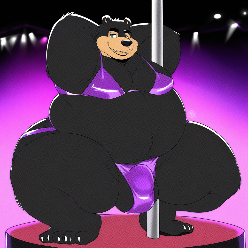 Overweight male, black bear, solo focus, 1boy, furry, stripper attire, on stage, large hips, arms behind head, hands on stripper pole, strip club