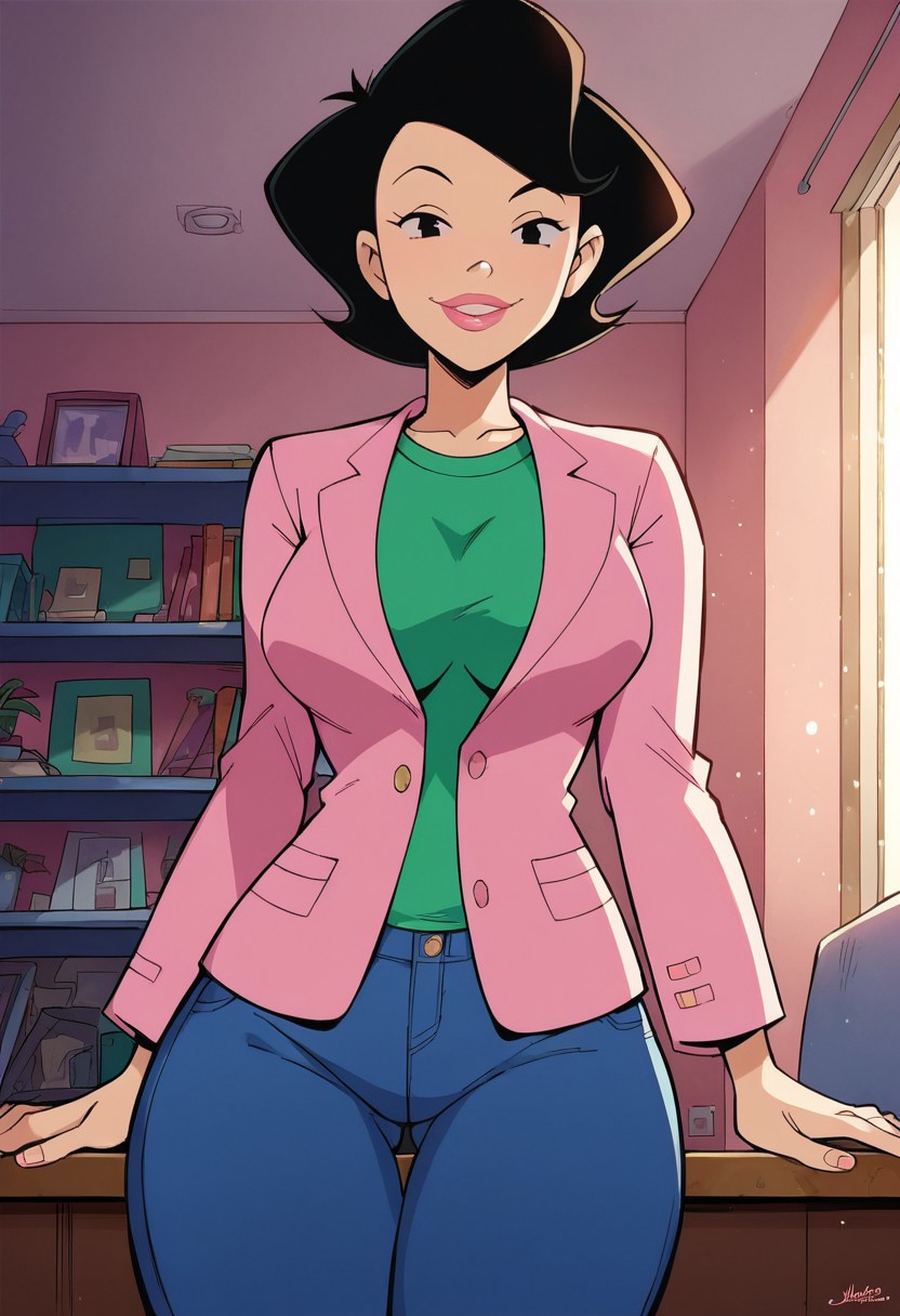 score_9, score_8_up, score_7_up, score_6_up, score_7_up, source_cartoon,BREAK, 1girl, susanlongv1, looking at viewer, pink lips, smile, black hair, black eyes, mature female, large breasts, curvy, squinting, green shirt,pink blazer,blue jeans, in the livingroom,evening, volumetric lighting, light particles
