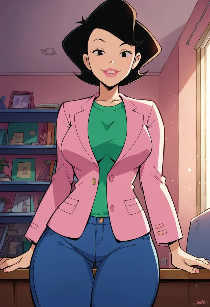 score_9, score_8_up, score_7_up, score_6_up, score_7_up, source_cartoon,BREAK, 1girl, susanlongv1, looking at viewer, pink lips, smile, black hair, black eyes, mature female, large breasts, curvy, squinting, green shirt,pink blazer,blue jeans, in the livingroom,evening, volumetric lighting, light particles