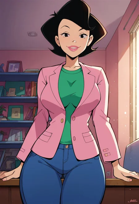 score_9, score_8_up, score_7_up, score_6_up, score_7_up, source_cartoon,BREAK, 1girl, susanlongv1, looking at viewer, pink lips, smile, black hair, black eyes, mature female, large breasts, curvy, squinting, green shirt,pink blazer,blue jeans, in the livingroom,evening, volumetric lighting, light particles